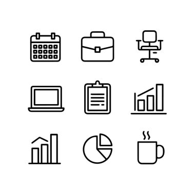 Takvim, evrak çantası, sandalye, dizüstü bilgisayar, dosya, çizelge ve kahve fincanı da dahil olmak üzere 9 adet iş ve finans simgesi beyaz arka planda izole edildi.