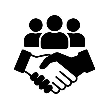 İş ortaklığı ve takım çalışması simgesi. Beyaz arka planda üç kişi el sıkışıyor.