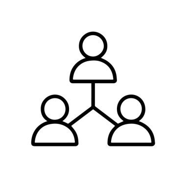 Beyaz zemin üzerinde izole edilmiş, birbirine bağlı üç kişi ile hiyerarşik bir organizasyon yapısını temsil eden basit çizgi sanat simgesi