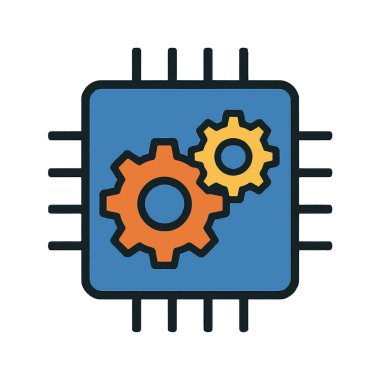 Mavi bir karede birbirine kenetlenmiş iki vitesin dijital çizimi, beyaz arkaplanda izole edilmiş bir bilgisayar çipini temsil ediyor.