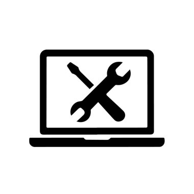 Beyaz arkaplanda çapraz anahtarlı ve tornavidalı bilgisayar onarımı ve teknik destek simgesi izole edildi