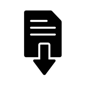 Beyaz arkaplanda izole edilmiş, indirme oku olan bir belgeyi temsil eden siyah simge