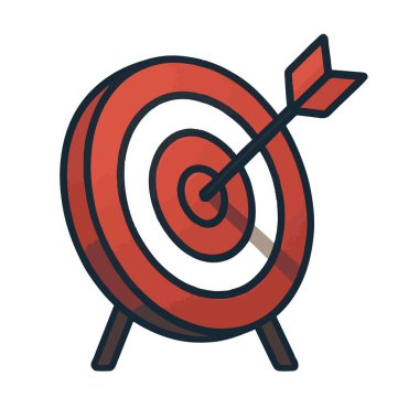 Kırmızı bir hedef, hedef tahtasında bir ok, doğruluğu ve başarıyı simgeliyor, beyaz bir arkaplanda izole edilmiş.