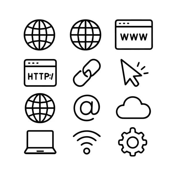 Beyaz arkaplanda izole edilmiş dünya, tarayıcı, bağlantı, imleç, e-posta, bulut, laptop, wifi ve dişli internet ve web simgeleri koleksiyonu