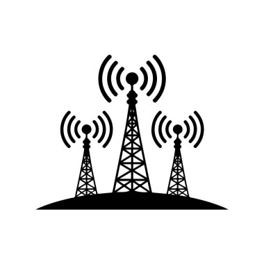 Three communication towers emitting radio waves, isolated on white background