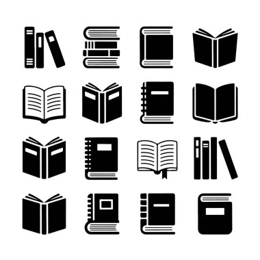 Collection of book icons, representing different types of books and reading, isolated on white background