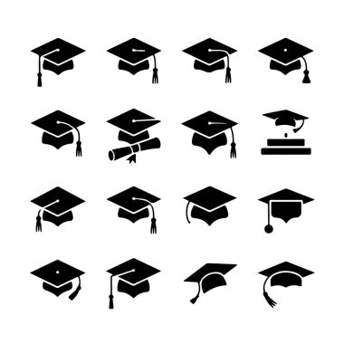 Collection of graduation cap icons and symbols isolated on white background