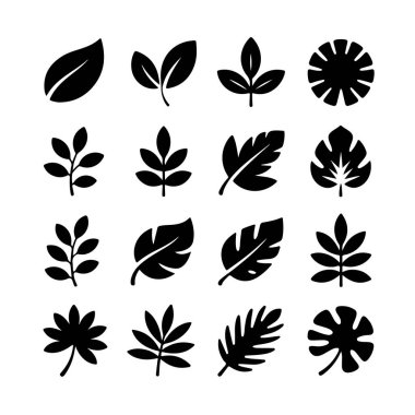 Collection of various black leaf icons and symbols isolated on a white background