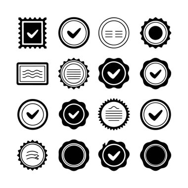 Collection of various black and white checkmark and seal icons isolated on white background