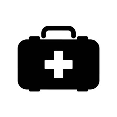 Black silhouette of a first aid kit with a white cross symbol, isolated on white background