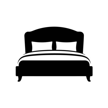 A simple black silhouette of a bed with pillows and a duvet, isolated on white background