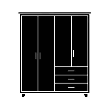 A simple black silhouette of a wardrobe with four doors and three drawers, isolated on a white background
