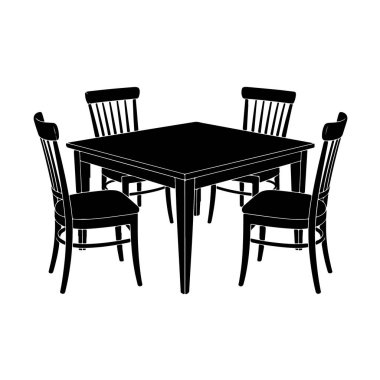 Black silhouette of a square dining table with four chairs, isolated on white background