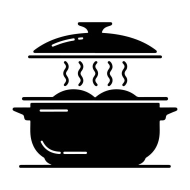 Steaming food in a pot with steam rising, isolated on white background