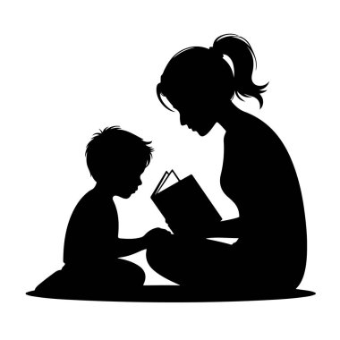 Silhouette of a mother reading a book to her child isolated on white background