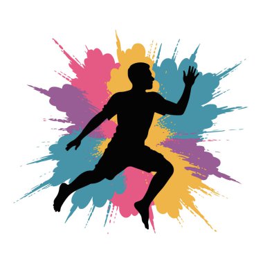Silhouette of a runner in motion against a colorful abstract paint splash background