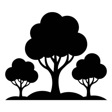 Black silhouette of three trees on a small hill isolated on white background