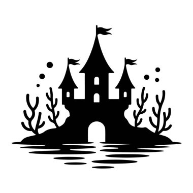 Fairytale castle silhouette with flags and surrounding elements, isolated on white background