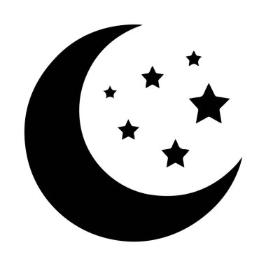 Black crescent moon and stars icon isolated on white background