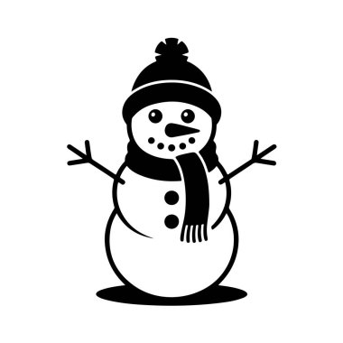 Cute black snowman with scarf and hat icon isolated on white background