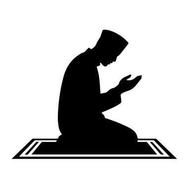 Silhouette of a muslim man praying on a prayer mat, isolated on white background