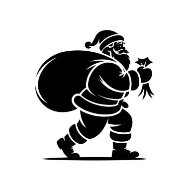 Silhouette of santa claus carrying a sack of gifts and a star, isolated on white background