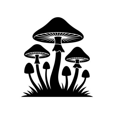 A cluster of stylized mushrooms with detailed gills and stems, isolated on white background