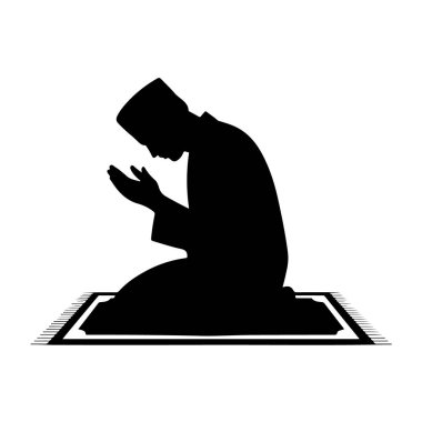 Silhouette of a muslim man praying on a prayer mat isolated on white background