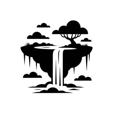 Silhouette of a floating island with a waterfall and clouds, fantasy landscape illustration