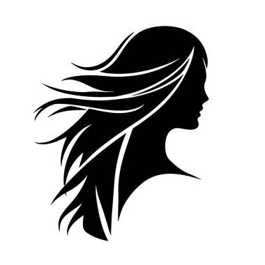 Black silhouette of a womans profile with flowing hair, isolated on white background