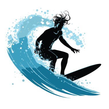 Silhouette of a surfer riding a wave, isolated on white background