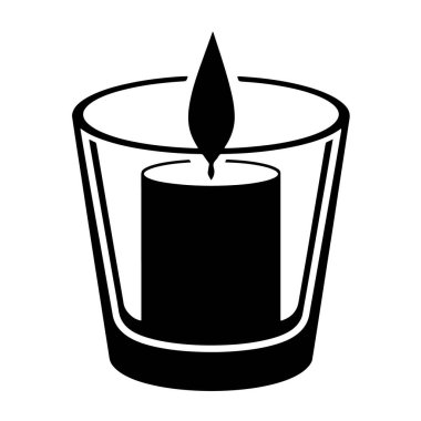 Black silhouette of a lit candle in a glass holder, isolated on white background