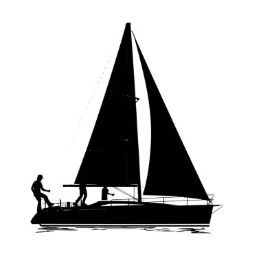 Silhouette of a sailboat with people on deck sailing on the water