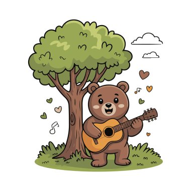 Cute cartoon bear playing guitar under a tree with hearts and music notes floating around, isolated on white background