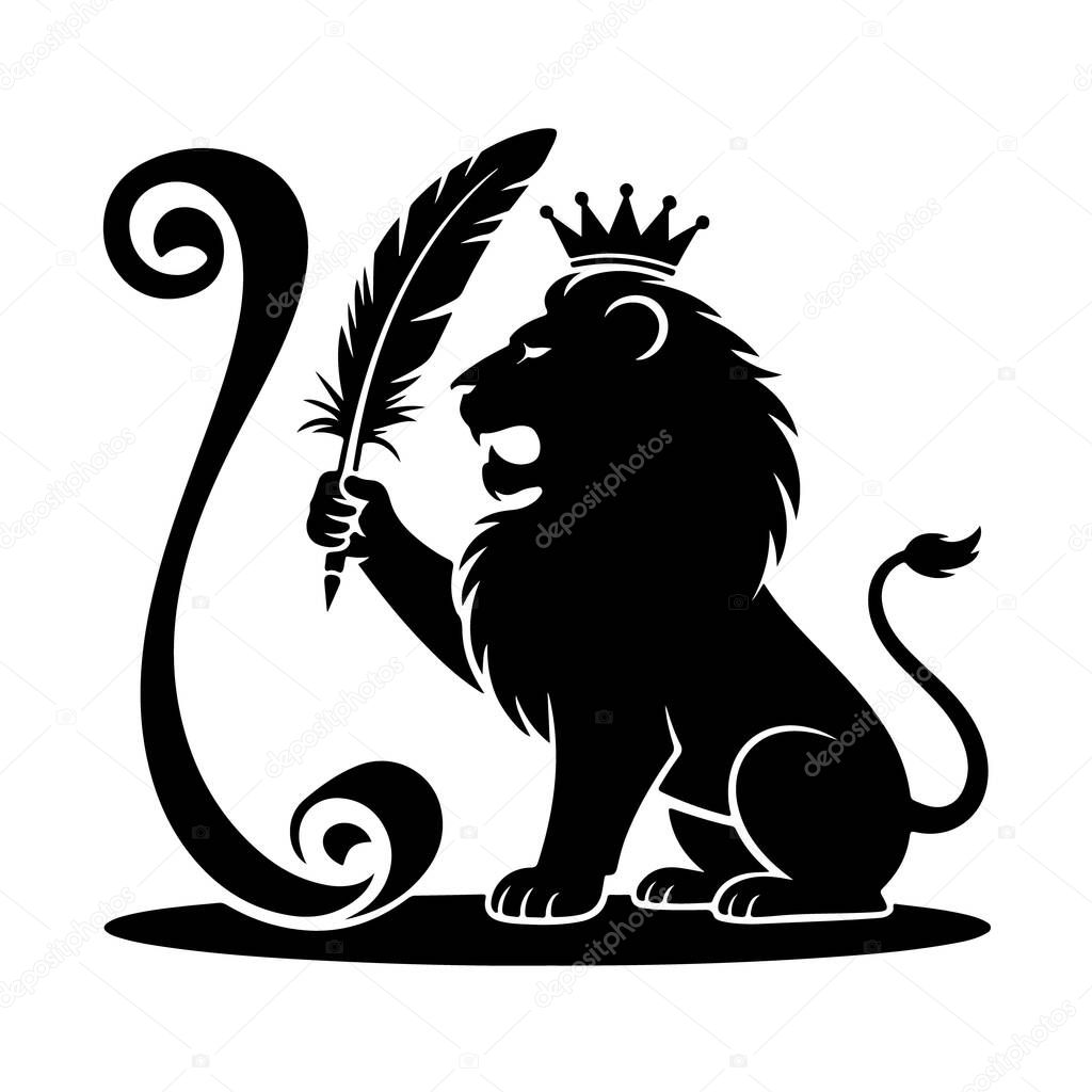 A regal lion wearing a crown, holding a quill pen, isolated on white background