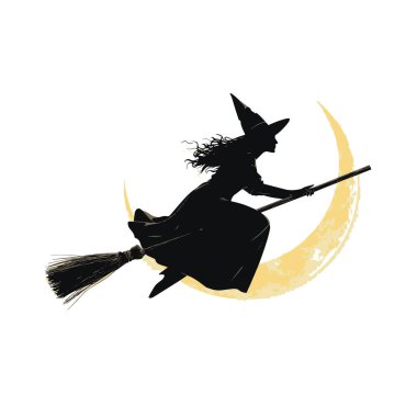 Bir cadının silueti süpürgeyle hilal bir aya doğru uçuyor.