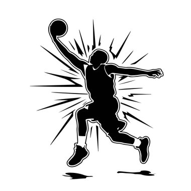 Bir basketbolcunun silueti beyaz arka planda izole bir şekilde smaç basıyor.