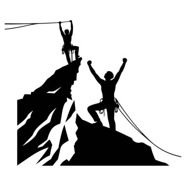 İki dağcı bir dağın zirvesine ulaşıyor, başarıyı kutluyorlar, beyaz arka planda izole edilmiş.