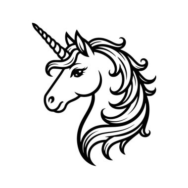 Akan yelesi ve boynuzu olan zarif tek boynuzlu at kafası, beyaz arka planda izole edilmiş siyah beyaz çizgi sanatı.