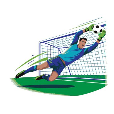 Kaleci, beyaz arka planda izole edilmiş bir şekilde kalenin önünde bir futbol topunu kurtarmak için dalıyor.