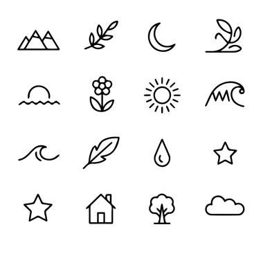 Beyaz arka planda izole edilmiş, doğa, hava ve ev ögelerini temsil eden basit çizgi simgelerinin toplanması