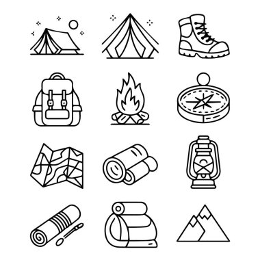 Beyaz arka planda izole edilmiş kamp ve açık hava maceraları için siyah beyaz çizgi simgeleri