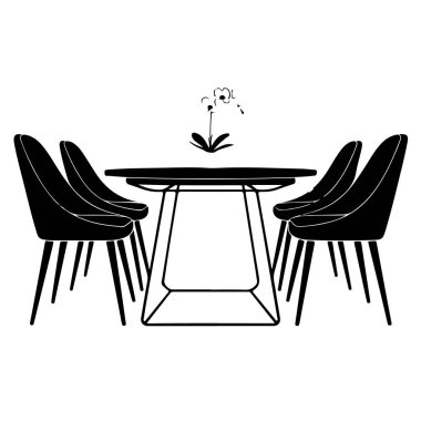 Ortasında küçük bir bitki ve dört sandalyeli modern yemek masası.