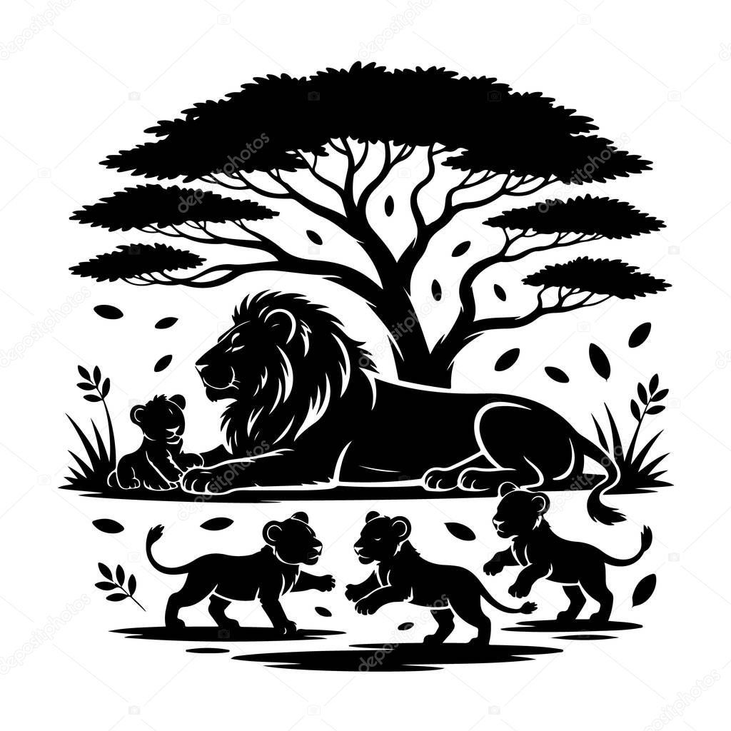 Silhouette of a lion with cubs under a large tree in the african savanna, symbolizing family and strength