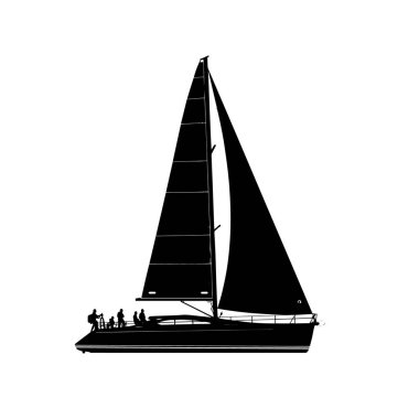 Birden fazla yelkenli ve güvertede beyaz arka planda izole edilmiş bir yelkenlinin silueti.