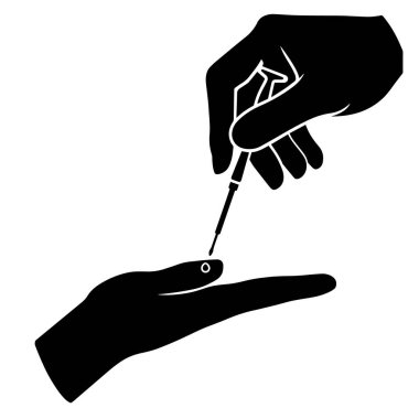 Şırıngayı tutan bir elin silueti, beyaz arka planda izole edilmiş, açık bir avuca bir damla veriyor.