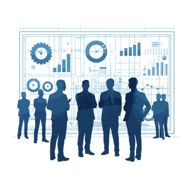 Beyaz arka planda izole edilmiş bir mali tablo ve grafik analizinin önünde duran silüet içindeki iş adamları