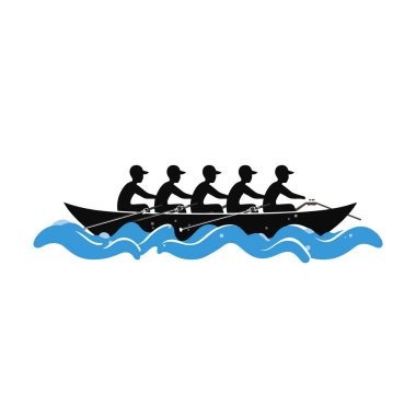 Kürekçilerden oluşan bir ekip beyaz arka planda izole edilmiş dalgalarla suda hareket ediyor.