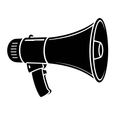 Beyaz arka planda izole edilmiş megafon, güçlü bir iletişim sembolü ve siyah-beyaz tasarımı.