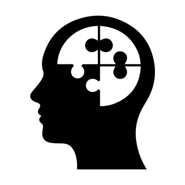 İçinde bulmaca parçaları olan insan kafası silueti beyaz arka planda izole edilmiş, akıl sağlığı ve problem çözmeyi temsil ediyor.